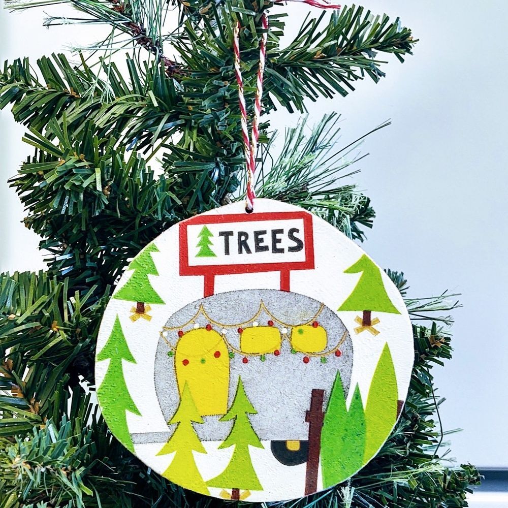 Hand Crafted Wood Christmas Ornament Decoupage Vintage Camper/Christmas Tree Lot
